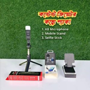 Content Creator Combo K8 Microphone Q07 Selfie Stick Mobile Stand